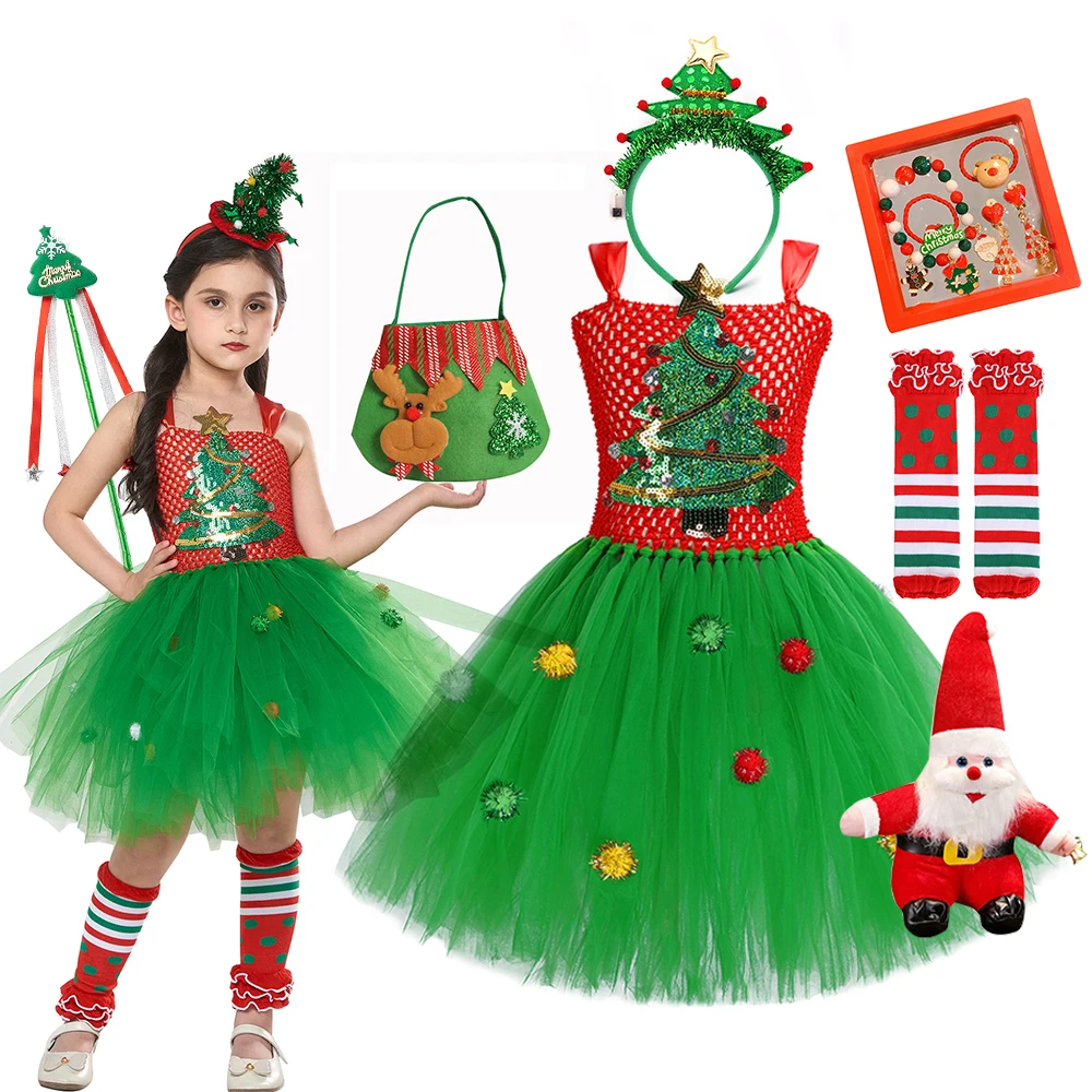 Kids Christmas Tutu Dress for Girl Green Costume Mesh Fluffy Vestidos Xmas Performance Children Clothing New Year Party Outfits