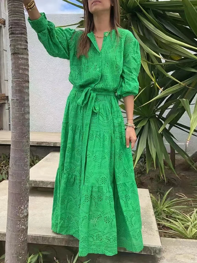 

Casual Slim Solid Cut Out Dress for Women Round Neck Lantern Sleeve High Waist Dresses Female Korean Fashion Clothes 2021