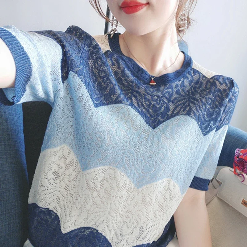 Летние топы женские блузки вязаная блузка с коротким рукавом Женский пуловер