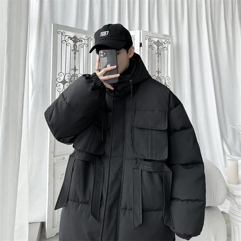 Winter Jacket Men Warm Fashion Multi Pocket Thickened Down Jacket Men Korean Loose Hooded Short Coat Mens Parker Large Size