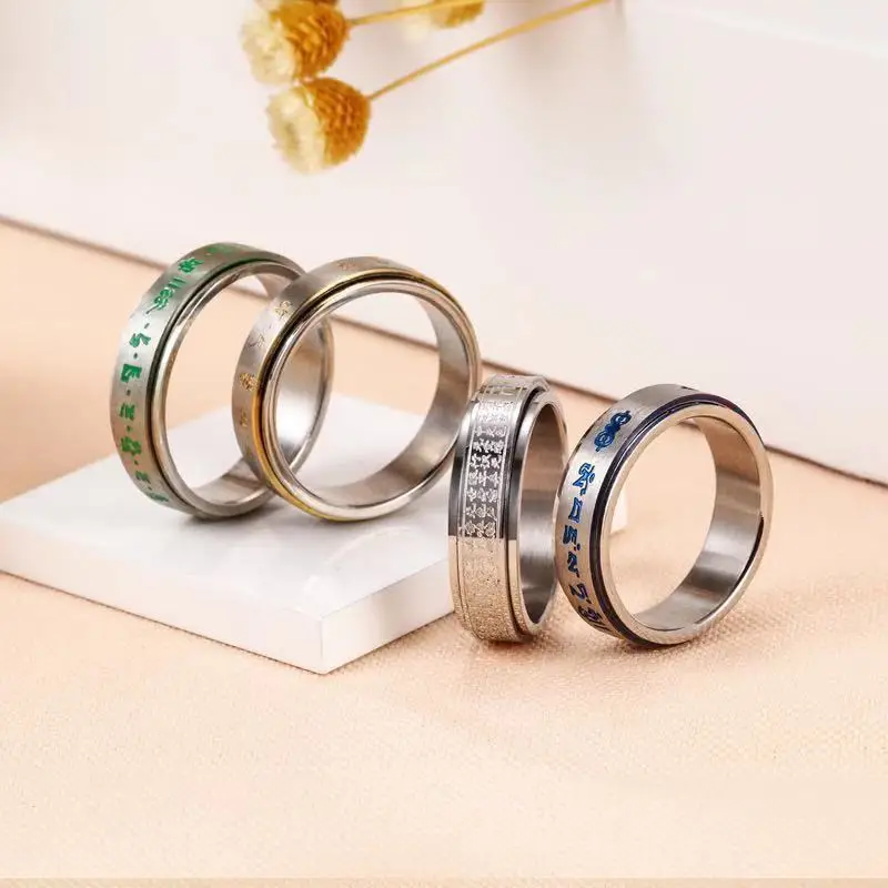 

Blue Pharmacist Ring, Six Character Truth Ring, Yellow God of Wealth Ring, Wholesale Rotating Ring, Female Titanium Steel Ring