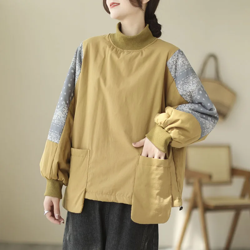 

SuperAen Autumn and Winter Retro Floral Stitching Half Turtleneck Cotton-padded Jacket Loose Oversize Fashion Sweatshirt Women