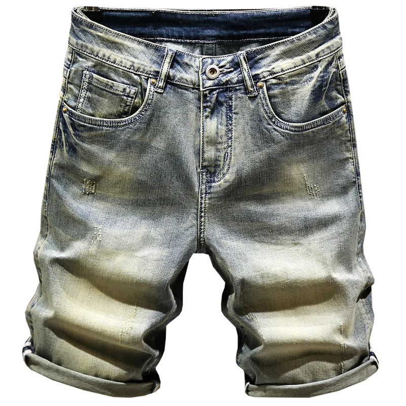 

HAN BAO High Quality Summer Brand Men's Denim Shorts Classic Moustache Effect Vintage Fit Straight Shorts Pocket Offset Printing