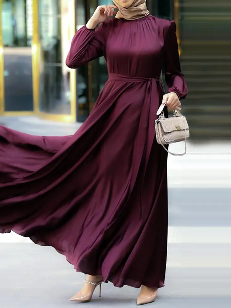 

ZANZEA Stylish Muslim Dress Women Satin Party Sundress Puff Sleeve Maxi Vestidos Belted Female Solid Marocain Turkish Robe Femme