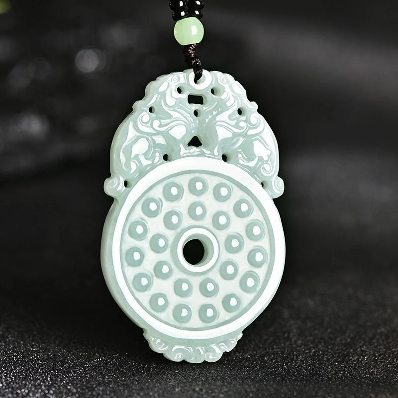 

Natural Jadeite A Cargo Ice Glutinous Seed Pixiu Pendant Men's and Women's Double Beast Double Dragon Protector Jade Pendant