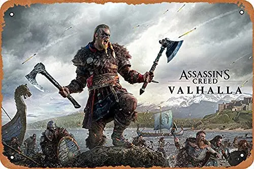 

Assassin's Creed Valhalla Poster 8X12 Inch Vintage Look Metal Sign,Bar, Man CAVE Art Decoration