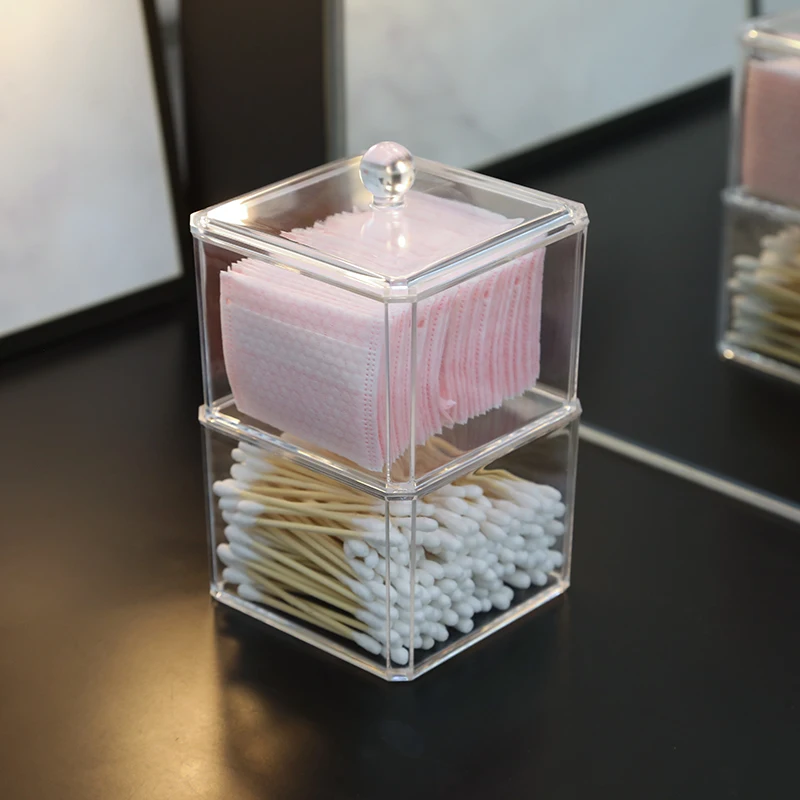 

Transparent Makeup Remover Cotton Swab Acrylic Storage Box Desktop Dust-proof Toothpick Dental Floss Organizer with Cover