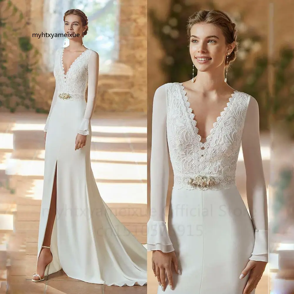 

Sexy Ivory Slit Mermaid Chiffon And Lace Modern Wedding Dresses 2022 V-neck Long Sleeves Bride Gowns Plus Size Gown Customized
