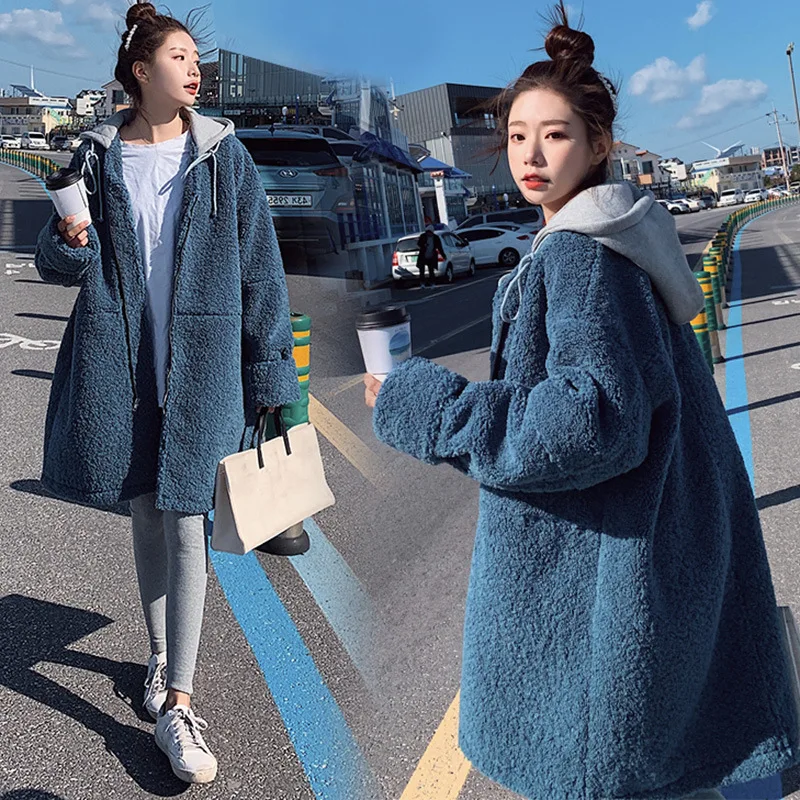

Autumn and Winter New Loose Chic Lamb Wool Coat Women's Medium Long Large Thick Hooded Casual Cotton Padded Clothes