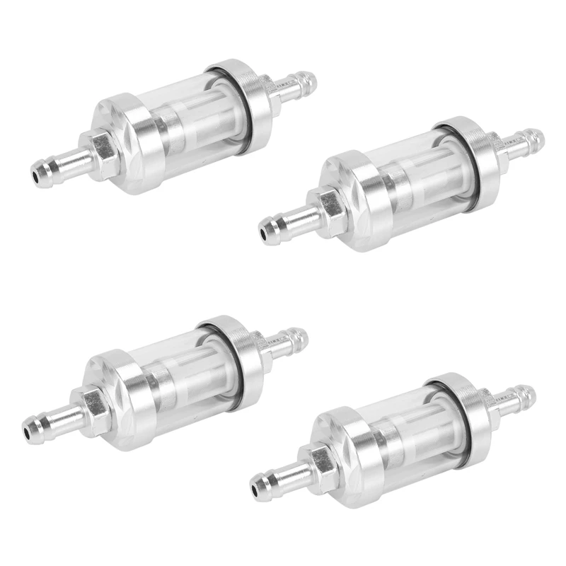 

4X Universal Chrome Glass Fuel Petrol Crude Oil Engine Inline Filter 5/16 Inch 8Mm Silver