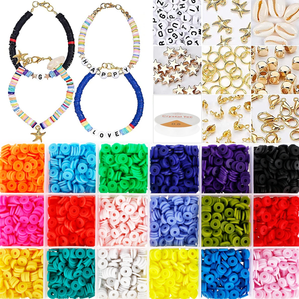 

Clay Heishi Beads Flat Round Polymer Clay Beads 6mm Clay Spacer Beads with Letter Beads Pendant Charms Jump Rings and 10m
