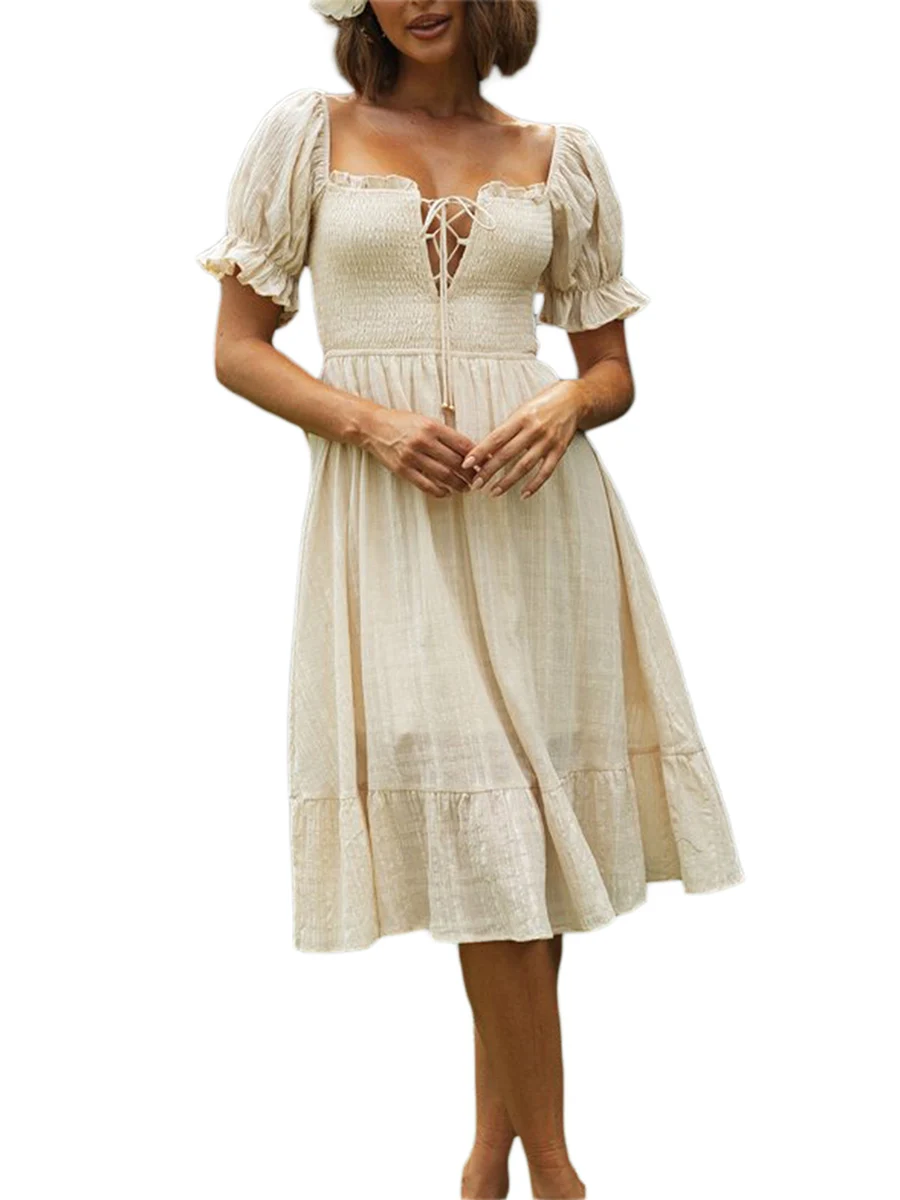 

Женские летние платья с квадратным вырезом, короткие льняные пляжные платья средней длины с рукавами-фонариками, бантом, завязкой сзади и воланом на подоле