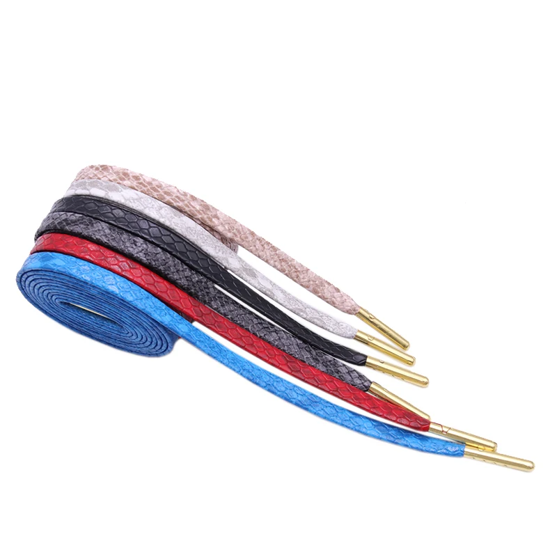 Weiou 7mm Flat Snake Skin Shoelaces White Red Grey Brown Luxury Leather Shoe Laces With Gold Metal Aglets For Sneakers Sports