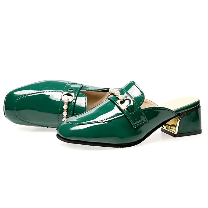 

Sapatos Femininas Women Casual Round Toe High Quality Green Patent Leather Spring & Summer Slip on Square Heel Pumps Shoes E1368