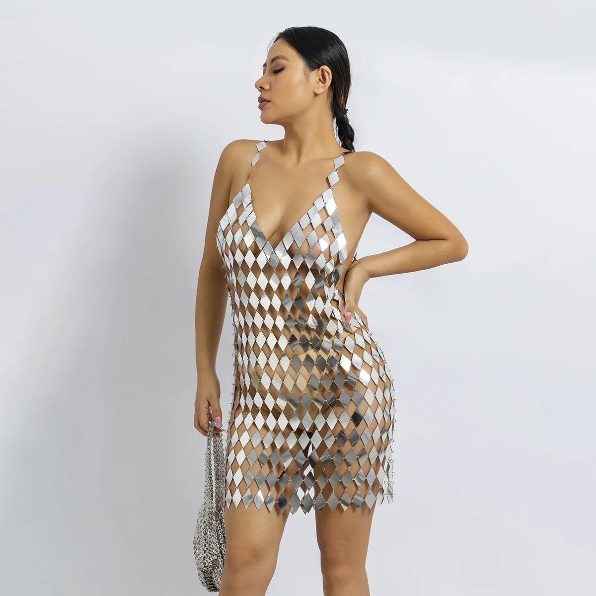 

Sexy sequin fringe strap dress all hand refined geometric dazzling punk exaggerated body dress women's banquet club clothing