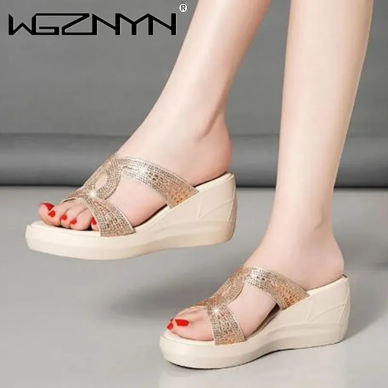 

2022 New Fashion Women Summer Slippers Glitter Wedge Femal Casual Sandals Bling Gold Comfortable Platform Shoes Sequined Sandals