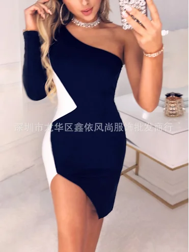 

2022 New Fashionable Popular Women's Dress Spring Summer Slim Shoulder Long Sleeve Black and White Stitch Dress