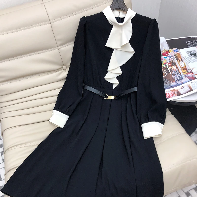 

22 Autumn Fashion Women Long Sleeve Dress Black Ruffle Collar Elegant Belt A-line Dress Chic Vintage French Hepburn Style Dress