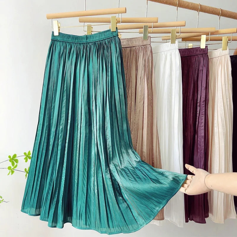 

OHRYIYIE Green Purple Sequined Midi Long Pleated Skirt Women 2022 New Fashion Elastic High Waist Shiny Bright Side Skirt Female