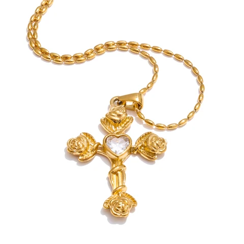 Yhpup 2025 поступления модное ожерелье с подвеской в виде креста из циркона и розы 18 К с PVD-покрытием из нержавеющей стали эстетические золотые украшения