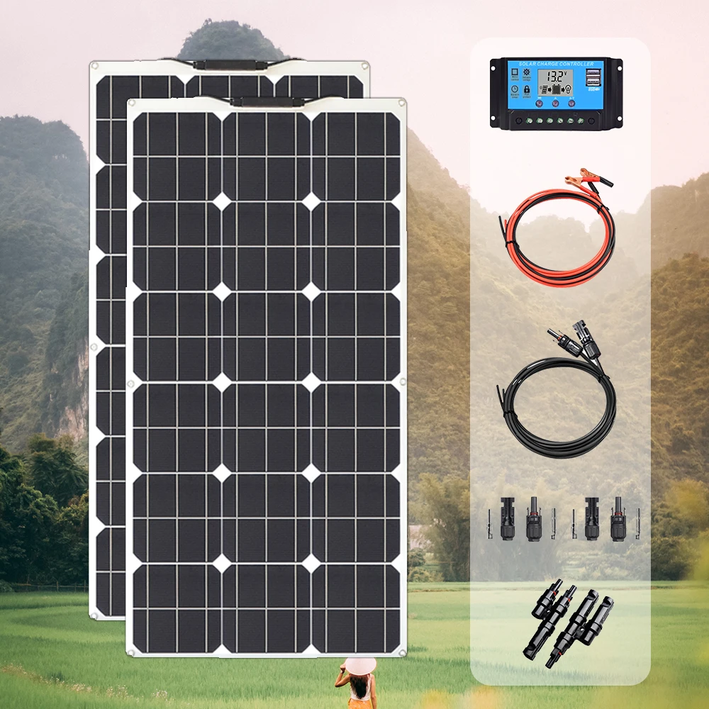 

Solar Panel Kit 200w 100w 18v flexible solar panels module 20A controller for camper caravan boat car battery 12v Energy chargin