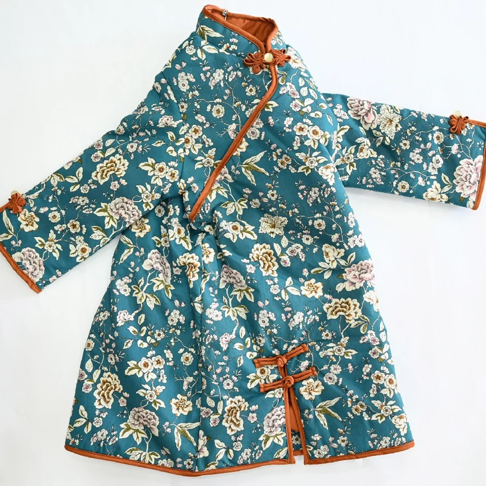 Cheongsam синее зимнее платье с павлином для девочек китайский стиль новогодние