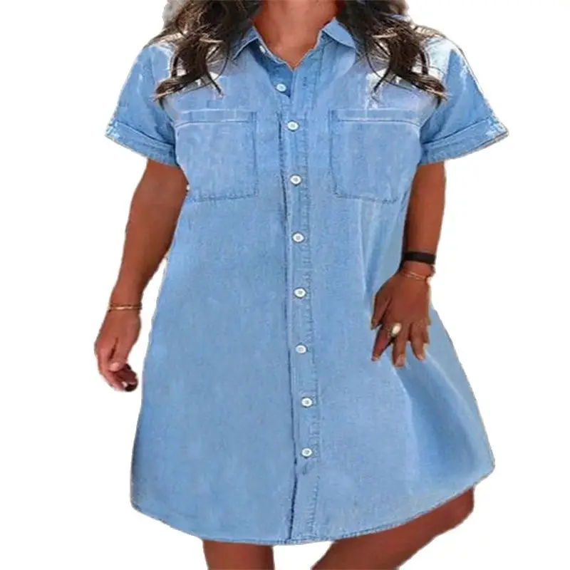 

New Women Denim Loose Style Dress Vintage Style Women Button Summer Dress Europe And America Dress Drop Shipping