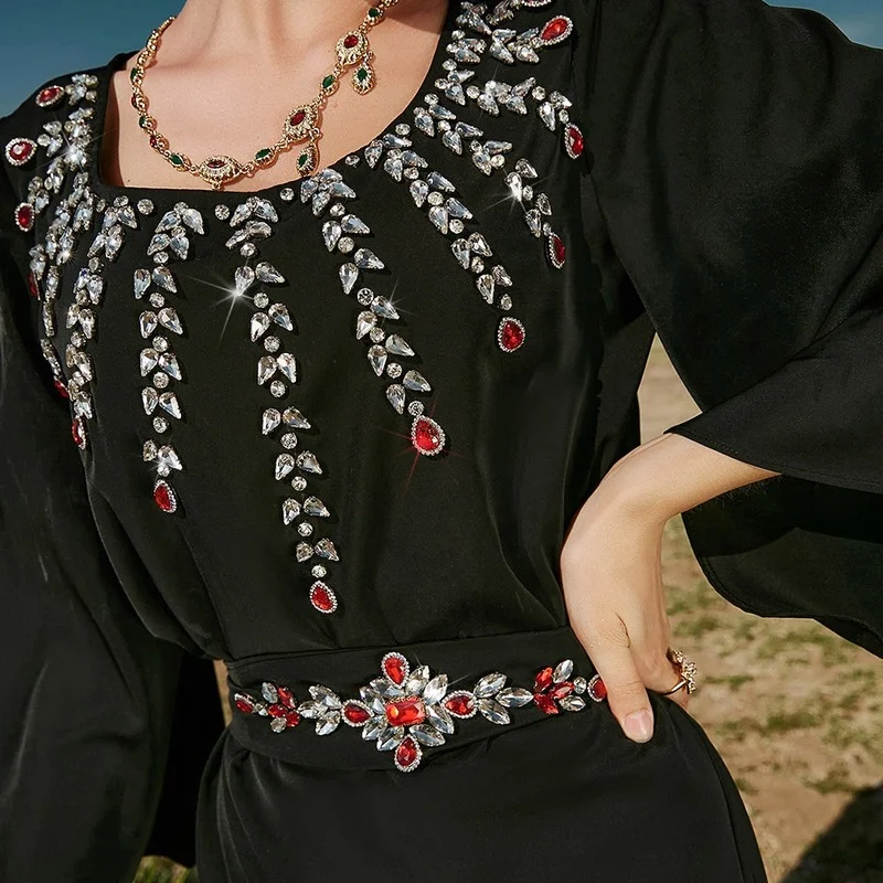 Black Morocco Kaftan Women Muslim Dress with Belt Saudi Arabia Jalabiya Handcraft Diamond Dubai Abaya Party Islam Modest Clothes
