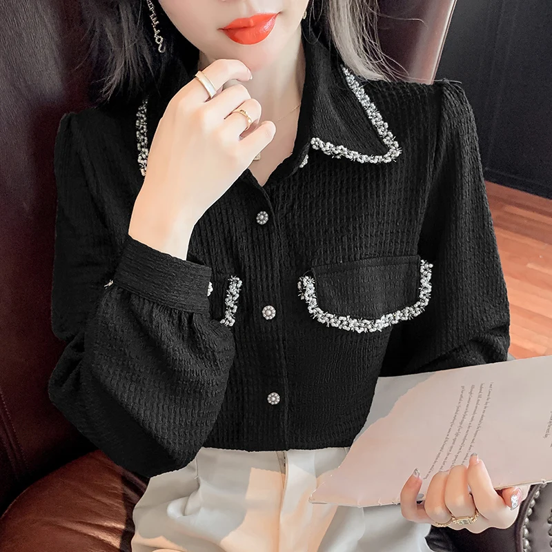 

Summer New Women's Blouses Polo Shirt Long Sleeve Top Solid Girl Chiffon Casual Fashion Loose Lady Clothing Houthion