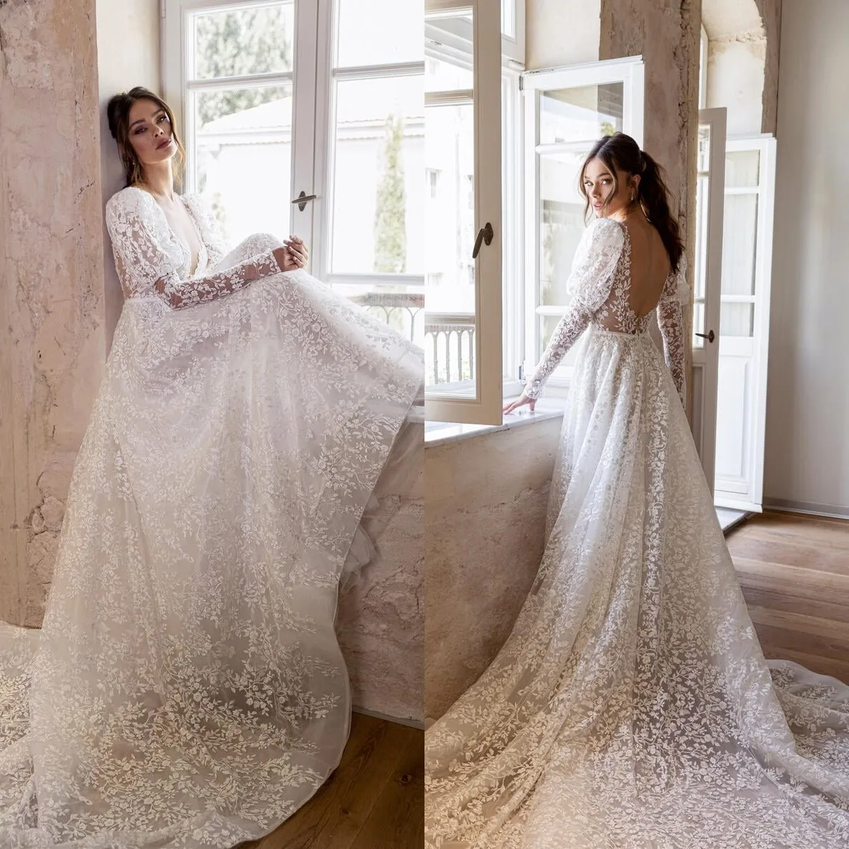 

Contry Beach 2023 Wedding Dresses Boho Long Sleeve Lace Appliqued Beaded Bridal Gowns Sheer V Neck Vestido De Noiva