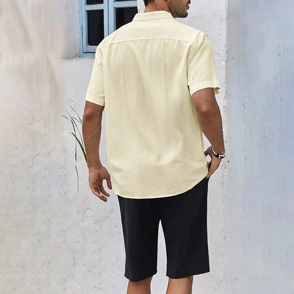 

Рубашка мужская с нагрудным карманом, универсальная сорочка в стиле ретро, с воротником-стойкой, с короткими рукавами, с одним накладным карманом, на лето