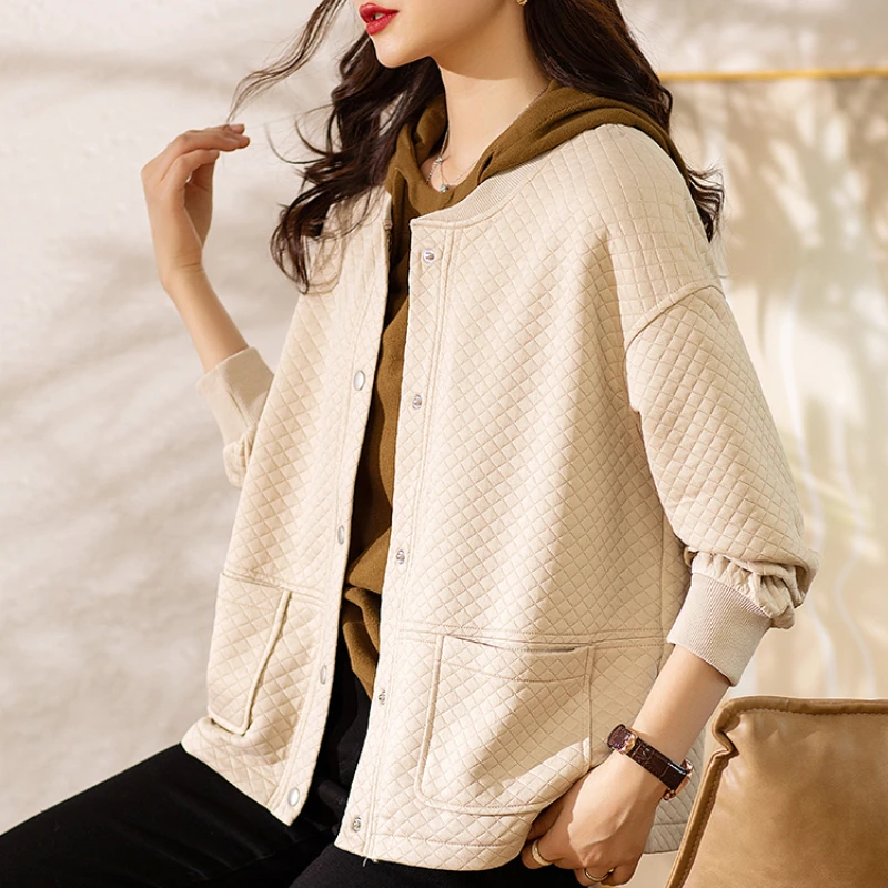 

Women's Spring and Autumn New High End Temperament Round Neck Long Sleeve Loose Relaxed Diamond Checked Cardigan Coat