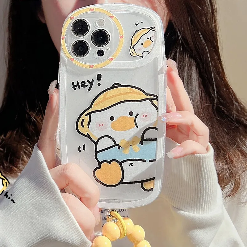 

Sweet summer straw hat duck art kawaii bracelet transparent Phone case For iPhone 14 Plus 14 13 11 12 Pro Max case Cute Cover