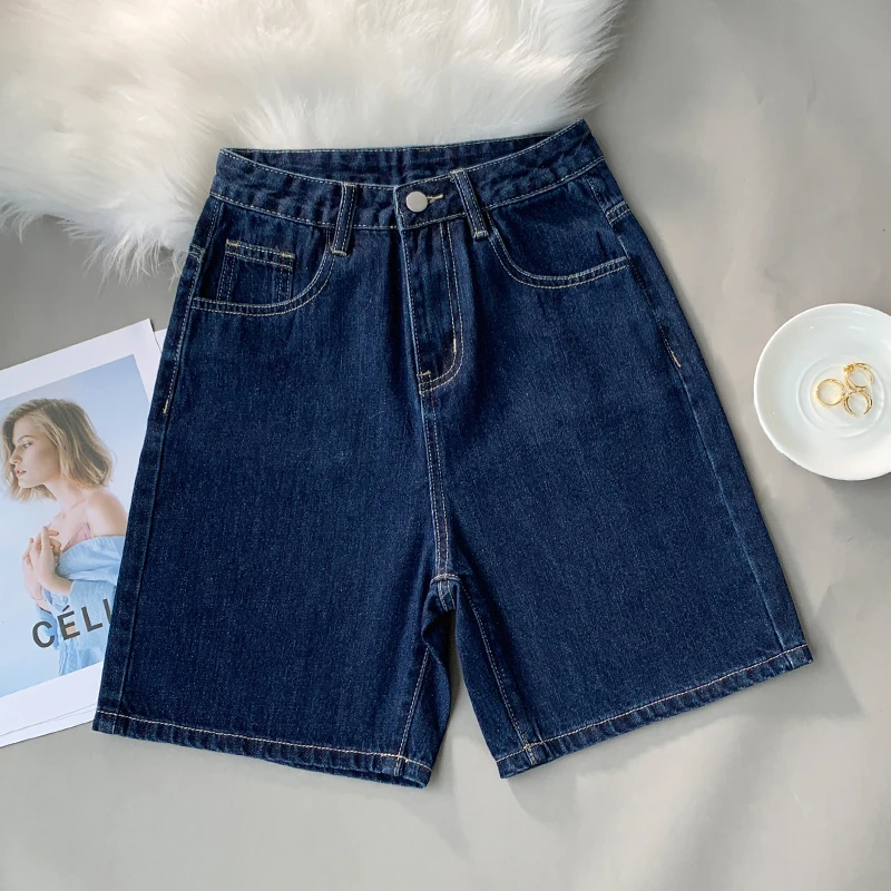 Women Summer Denim Fifth Pant Female Casual Baggy Straight Korean Version Streetwear Clothes Y2k Washed Jean Shorts High Waisted