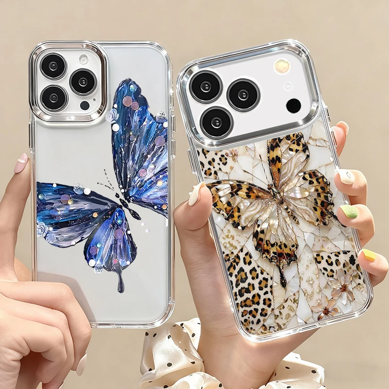 Фото Прозрачный чехол для телефона с розовым узором в виде бабочек для iPhone 17 Pro, 17e, 16, 15, 14, 13 Pro Max, 16e, 11, с покрытием для объектива, мягкая задняя панель из ТПУ №3