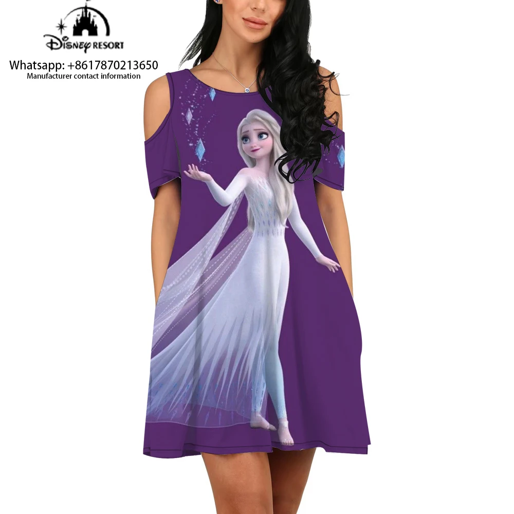 

2023 New Frozen Princess Summer Women's Tunic Short Sleeve Disney Print Knee Length Elegant Round Neck Fashion Casual Dress