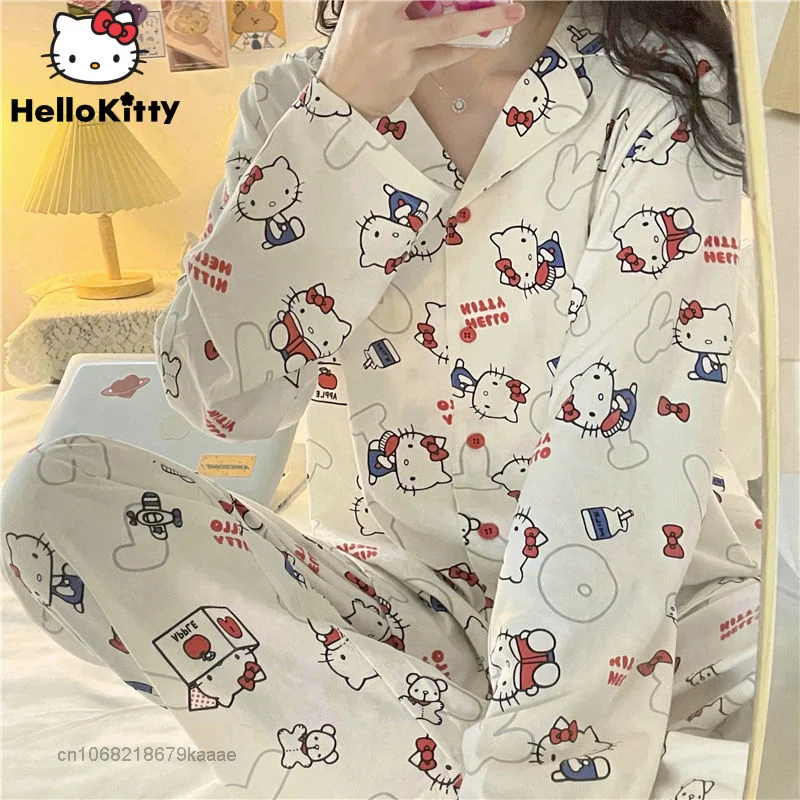 Sanrio Two-piece Set Pajamas Long Sleeve Cardigan Top Hello Kitty Wide Leg Pants Soft Home Clothes For Women New Y2k Nightdress