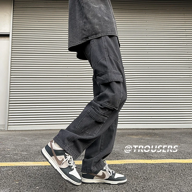 Brown Black Baggy Jeans Men Fashion Vintage Pocket Cargo Jeans Men Japanese Streetwear Hip-hop Loose Straight Denim Trousers Men