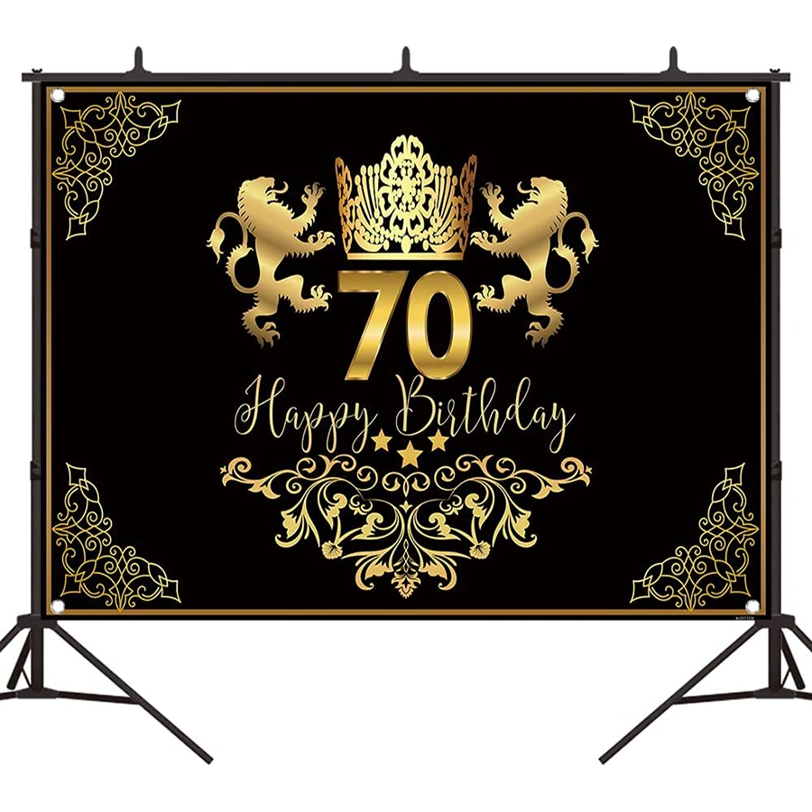 

Black and Gold 70th Birthday Backdrop Crown Lion Seventy Birthday Party Photography Background for Men Table Banner Photo Booth
