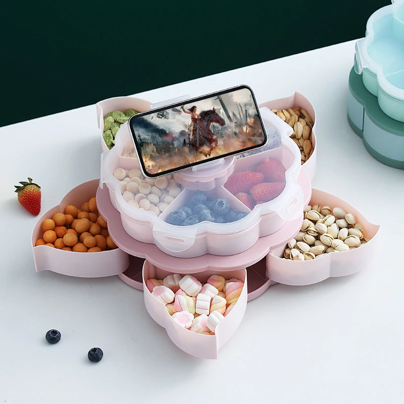 

Креативная Многоуровневая коробка для закусок, эргономичное блюдо для фруктов, вращающиеся подносы в форме двойных лепестков, коробка-органайзер для хранения сушеных фруктов