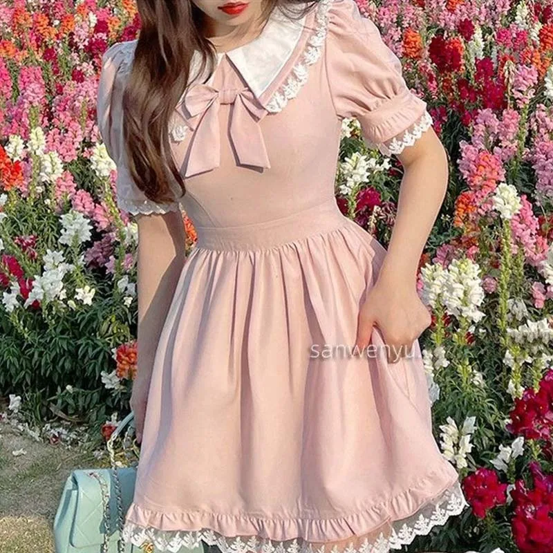 

Милое женское летнее платье, кружевные розовые платья принцессы Лолиты в японском стиле с рукавами-фонариками, винтажное милое платье с вор...