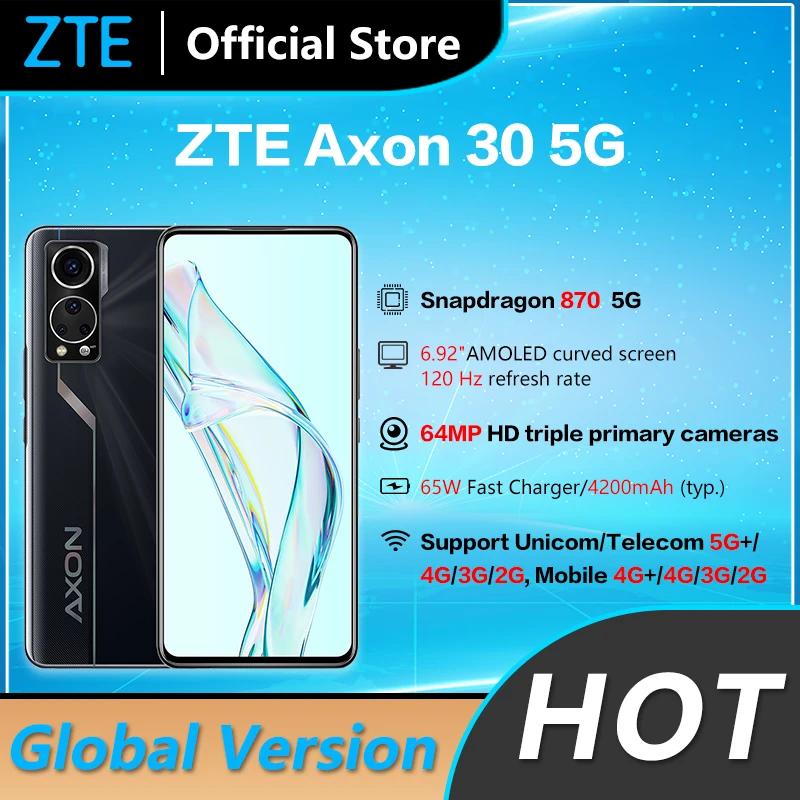 

Global Version ZTE Axon 30 5G Smartphone 6.92'' 120Hz Under-screen camera Snapdragon 870 Octa Core 65W Fast Charge 4200mAh