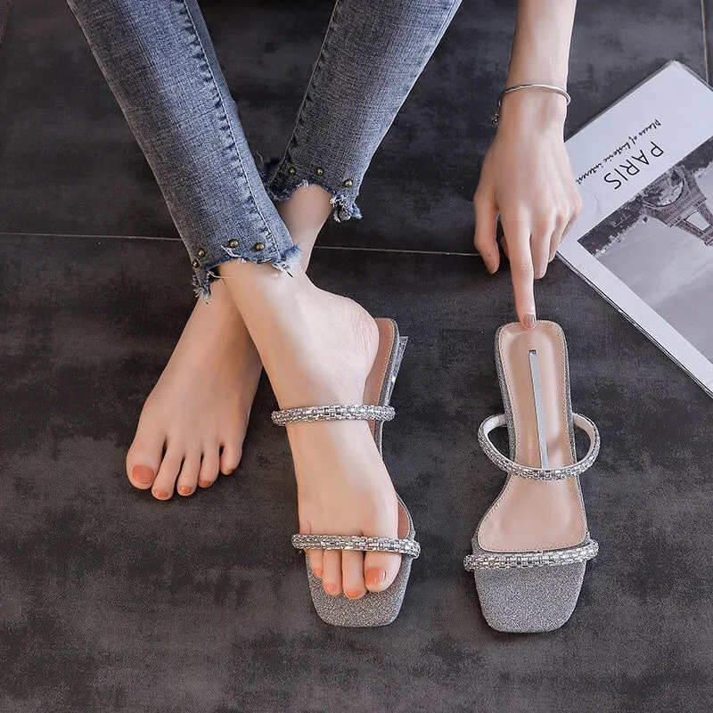 Women's Shoes Summer Outer Wear Thick Heels Low Heeled Sandals Diamond Studded Women's Slippers Fairy Open Toe Sandals