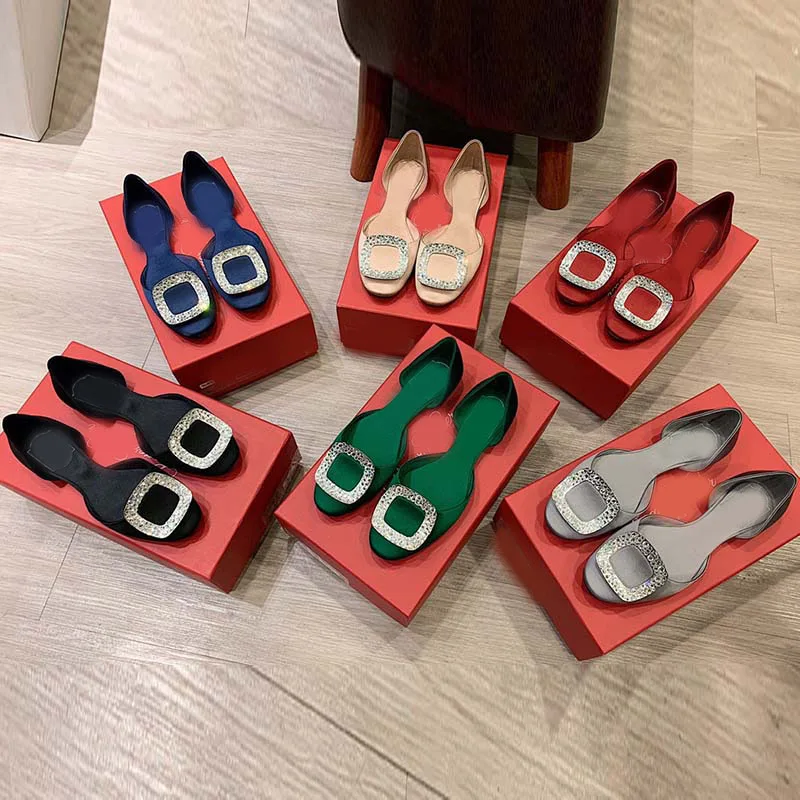 

2022 spring and summer square buckle flat shoes round toe silk face women's shoes drill buckle hollow silk wedding shoes