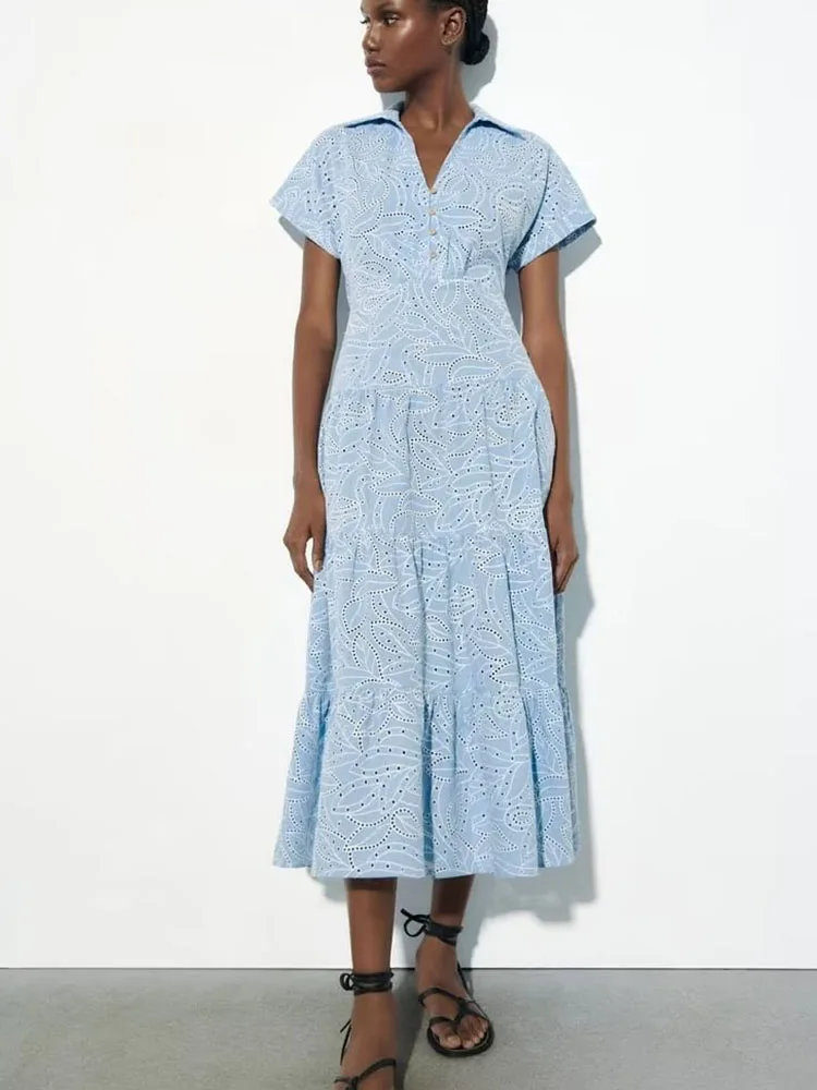 

Light Blue 2023 Summer Fashion Chic New Hollow Embroidered Cotton Shirt Dress Women's Casual