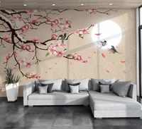 beibehang custom wallpaper mural new chinese minimalist hand painted flowers and birds peach background wall papel de parede