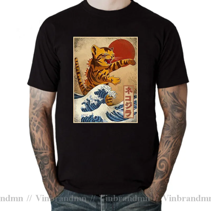 Men T-Shirt Cat Catzilla Monsters Kitten Funny Pure Cotton Tees Short Sleeve Vintage T Shirt O Neck Clothes Plus Size Summer Tee