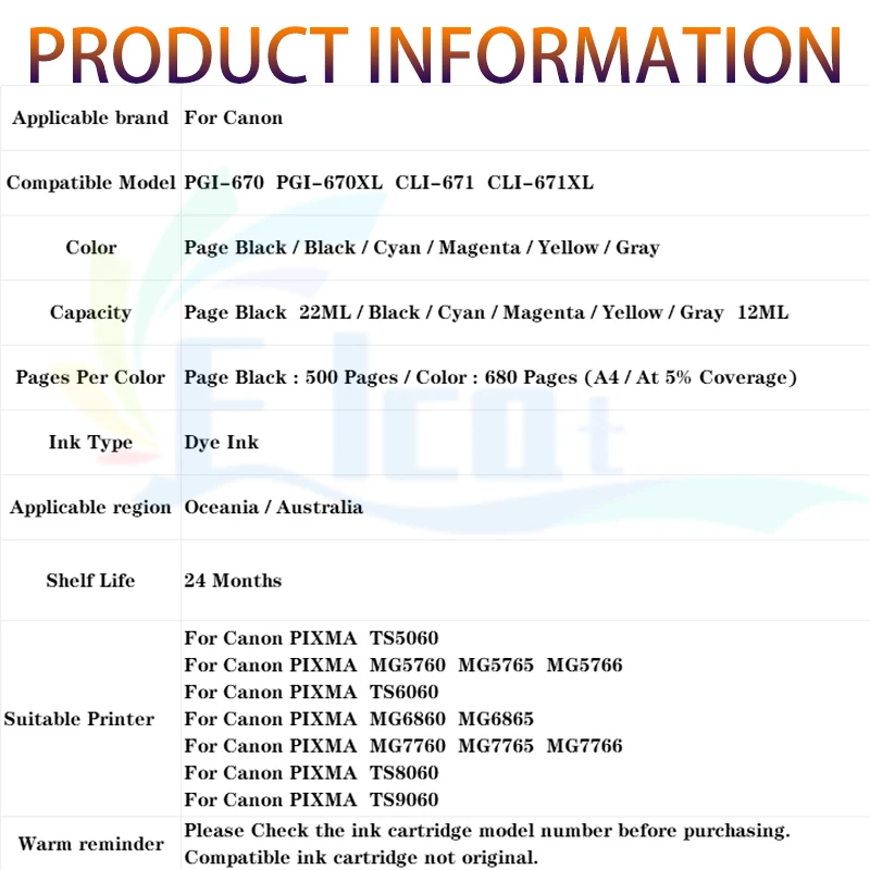 PGI-670 CLI-671 PGI670 CLI681 картридж 670XL, совместимый для принтера Canon TS5060 MG5760 TS6060 MG6860 MG7760 TS8060 TS9060 (art.: 3920cee9fa22a) - 3920cee9fa22a