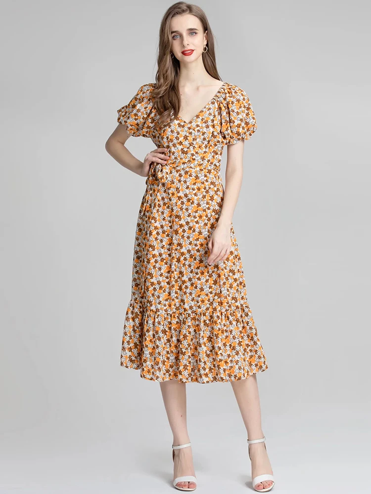 

MoaaYina Fashion Runway dress Summer Women Dress Puff sleeve Belted vintage Flower Printed Holiday Party Elegant Dresses