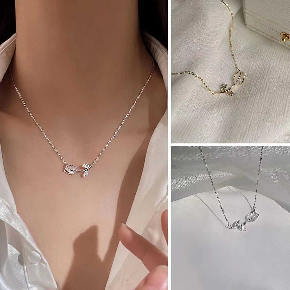 

Elegant Vintage Rose Tulip Crystal Choker Necklace For Women Wedding Jewelry Cute Pendant Chain Lady Party Neck Accessories Gift